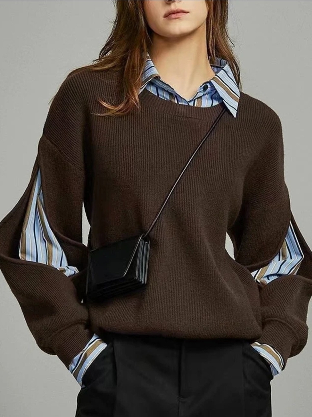 2 In 1 Commense Chocolate Brown Crewneck Sweater With Blue Underlayer